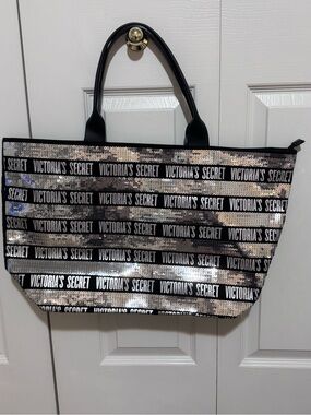 Victoria's Secret Black and Silver Sequin Logo Tote